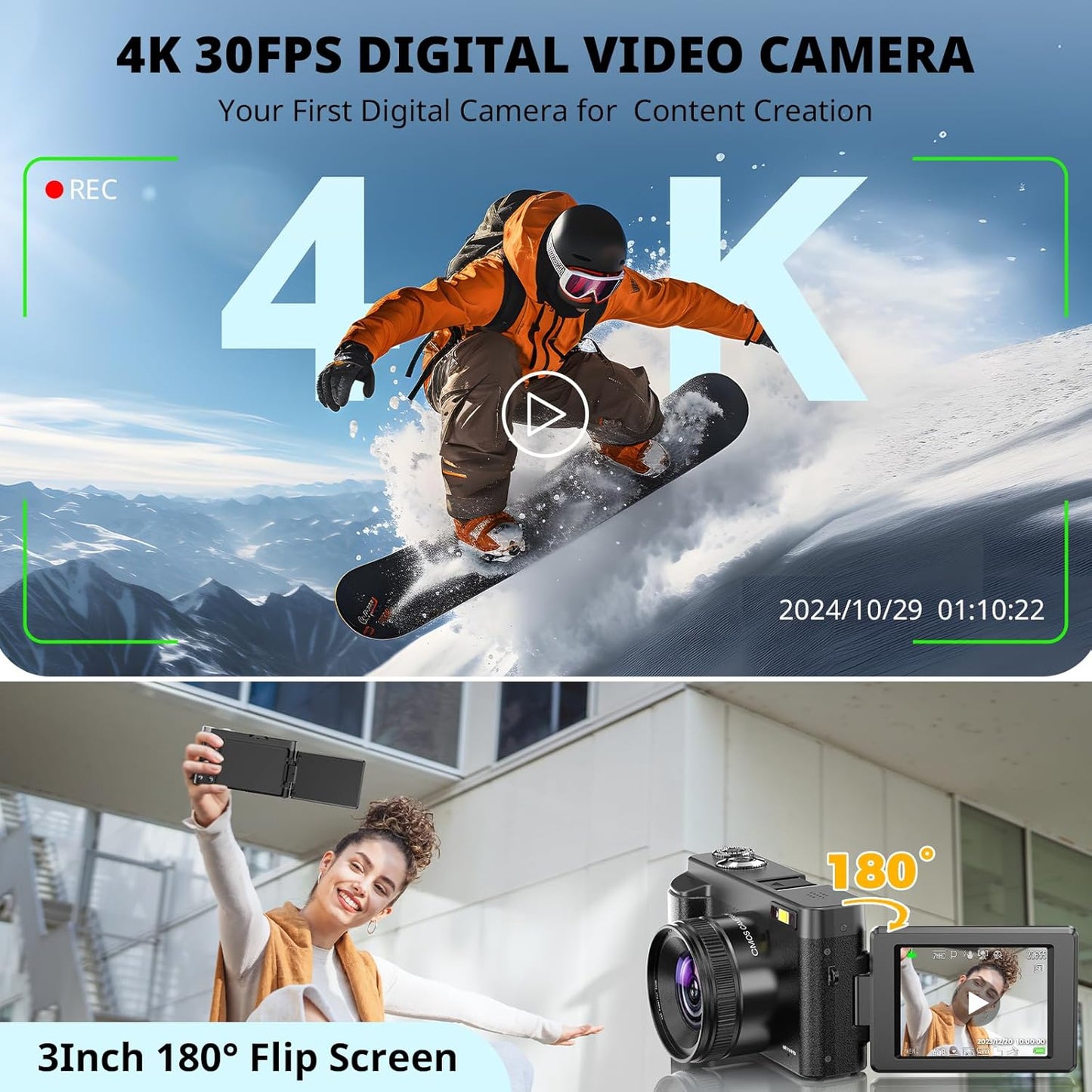 Digital Camera with Auto Focus, 2024 Newest 48MP HD Video Camera for YouTube with SD Card, 2 Batteries, 3 Inch Foldable 180° Screen, Mini Travel Camera for Teens with 16X Zoom, Anti-Shake, Black