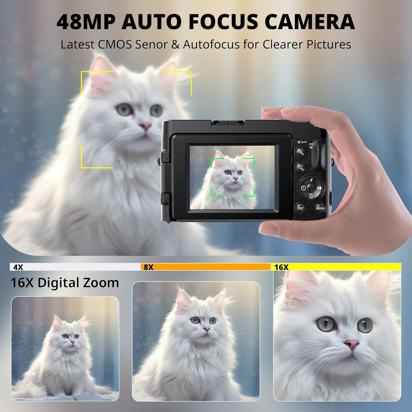 Digital Camera with Auto Focus, 2024 Newest 48MP HD Video Camera for YouTube with SD Card, 2 Batteries, 3 Inch Foldable 180° Screen, Mini Travel Camera for Teens with 16X Zoom, Anti-Shake, Black