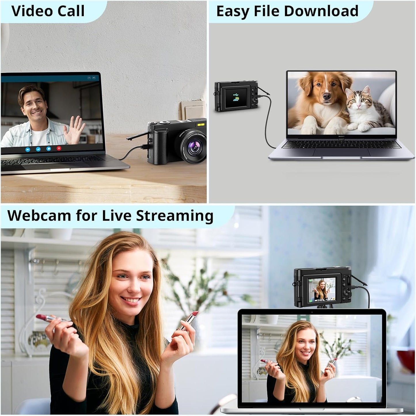 Digital Camera with Auto Focus, 2024 Newest 48MP HD Video Camera for YouTube with SD Card, 2 Batteries, 3 Inch Foldable 180° Screen, Mini Travel Camera for Teens with 16X Zoom, Anti-Shake, Black