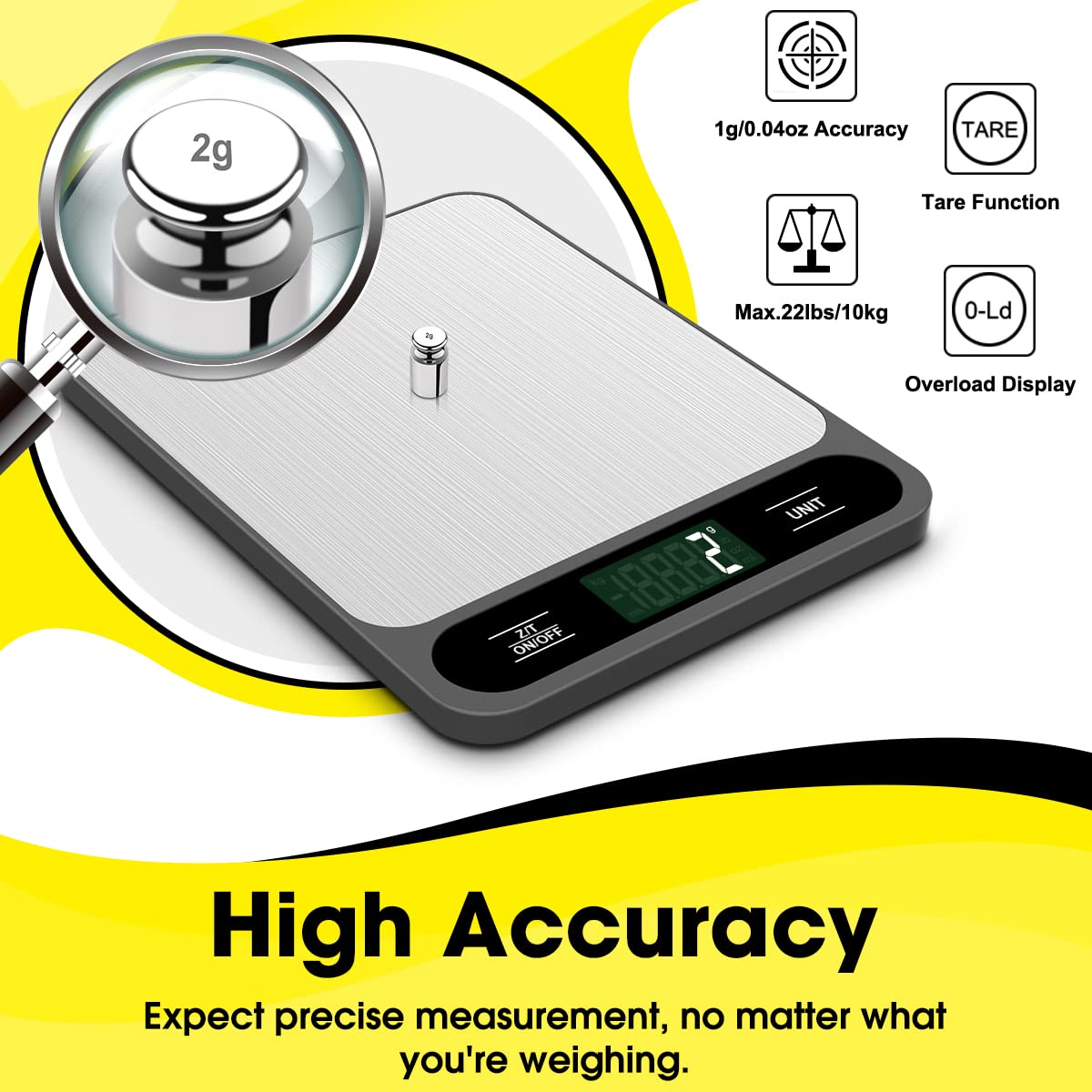 Food Scale, Digital Kitchen Scale, 10kg/22lb, Grams and Ounces Weighing, for Baking, Cooking, Coffee, Shipping, 6 Units with Net Weight Function, Easy to Clean Stainless Steel
