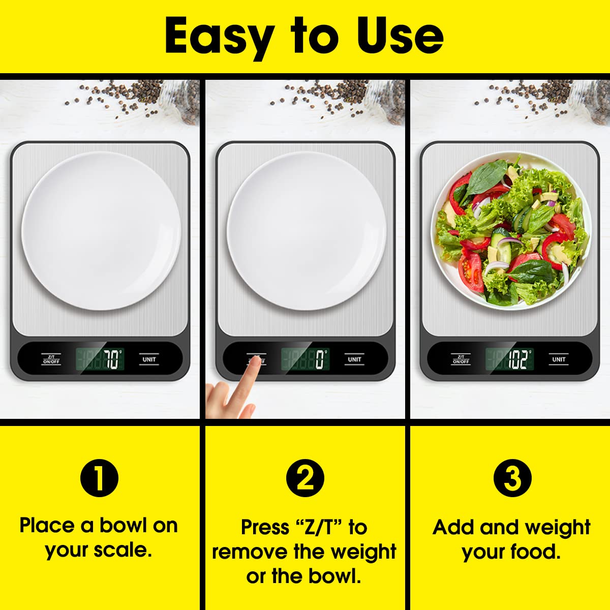 Food Scale, Digital Kitchen Scale, 10kg/22lb, Grams and Ounces Weighing, for Baking, Cooking, Coffee, Shipping, 6 Units with Net Weight Function, Easy to Clean Stainless Steel