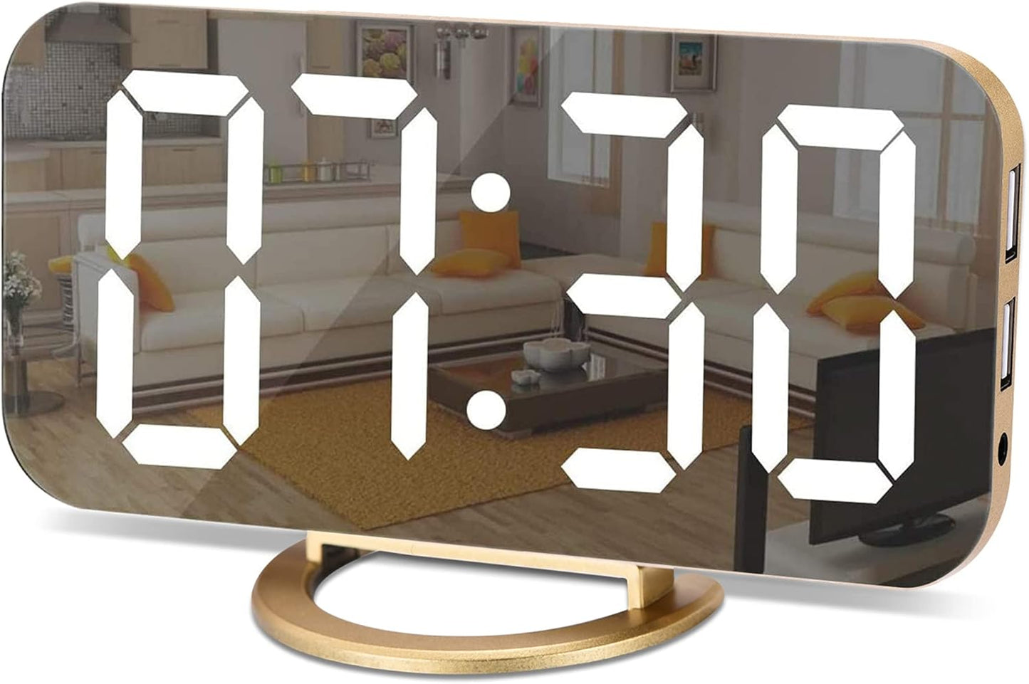 Digital Alarm Clock, Large Screen Desk and Mirror Clock, with Dual USB Charger Ports, 3 Brightness Levels, 12/24 Hours, Modern Electronic Clock for Bedroom, Home, Living Room, Office - Gold