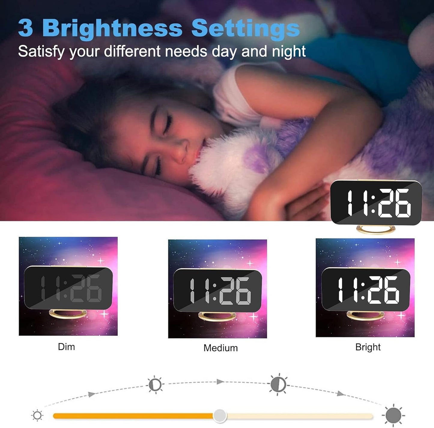 Digital Alarm Clock, Large Screen Desk and Mirror Clock, with Dual USB Charger Ports, 3 Brightness Levels, 12/24 Hours, Modern Electronic Clock for Bedroom, Home, Living Room, Office - Gold
