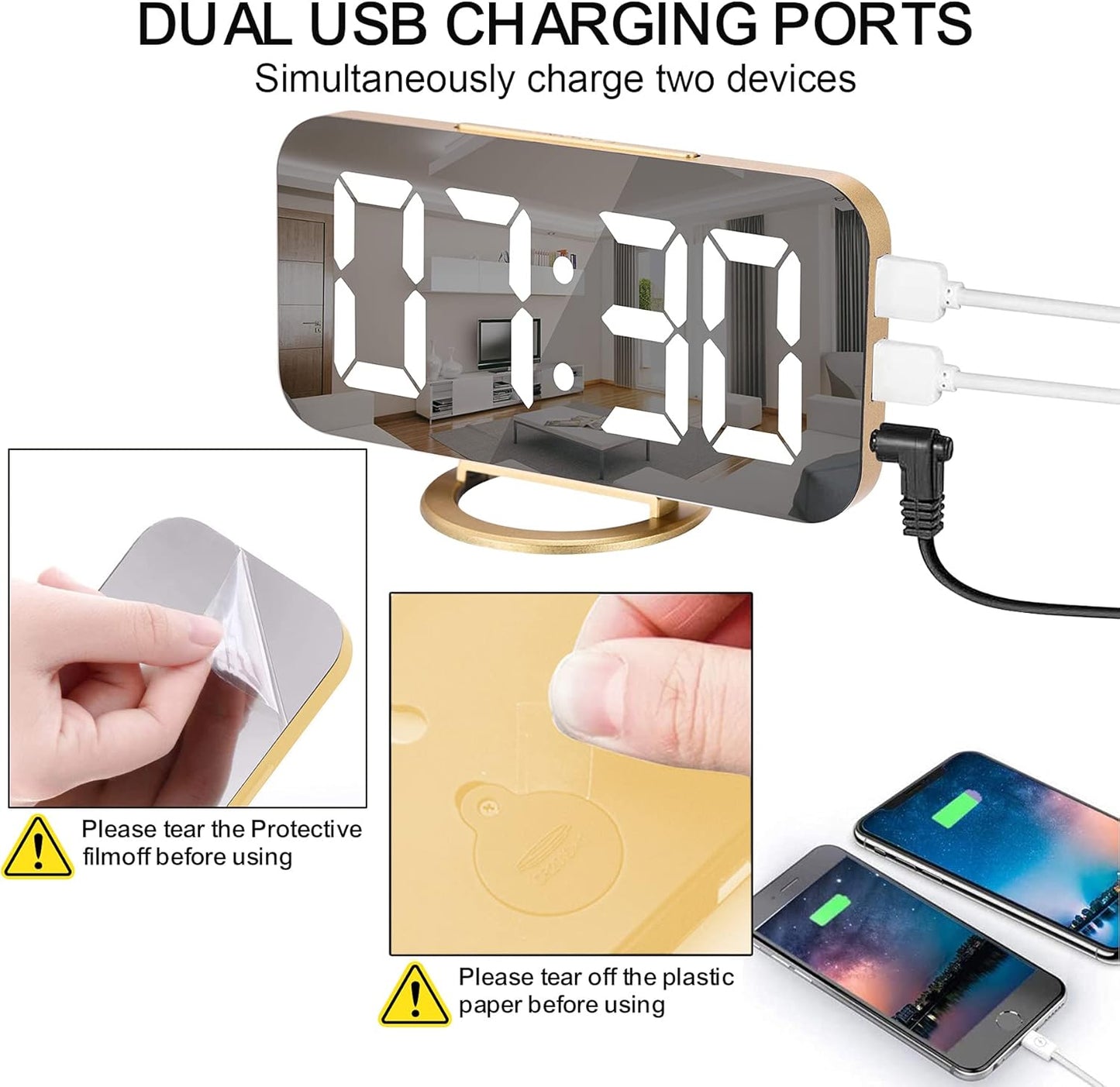 Digital Alarm Clock, Large Screen Desk and Mirror Clock, with Dual USB Charger Ports, 3 Brightness Levels, 12/24 Hours, Modern Electronic Clock for Bedroom, Home, Living Room, Office - Gold