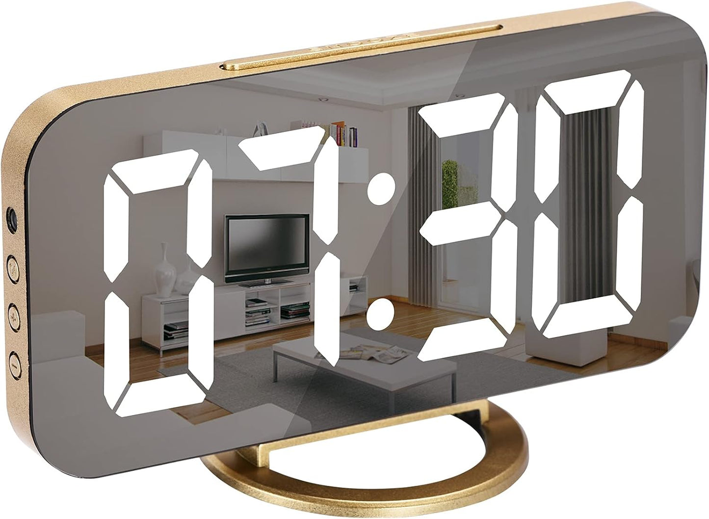 Digital Alarm Clock, Large Screen Desk and Mirror Clock, with Dual USB Charger Ports, 3 Brightness Levels, 12/24 Hours, Modern Electronic Clock for Bedroom, Home, Living Room, Office - Gold