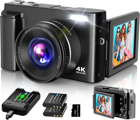 Digital Camera with Auto Focus, 2024 Newest 48MP HD Video Camera for YouTube with SD Card, 2 Batteries, 3 Inch Foldable 180° Screen, Mini Travel Camera for Teens with 16X Zoom, Anti-Shake, Black