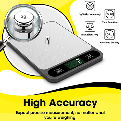 Food Scale, Digital Kitchen Scale, 10kg/22lb, Grams and Ounces Weighing, for Baking, Cooking, Coffee, Shipping, 6 Units with Net Weight Function, Easy to Clean Stainless Steel
