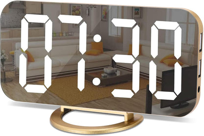 Digital Alarm Clock, Large Screen Desk and Mirror Clock, with Dual USB Charger Ports, 3 Brightness Levels, 12/24 Hours, Modern Electronic Clock for Bedroom, Home, Living Room, Office - Gold